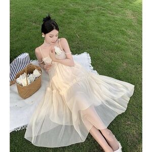 NEW Cream Pearl Spaghetti Strap Overlay Maxi A-Line Dress